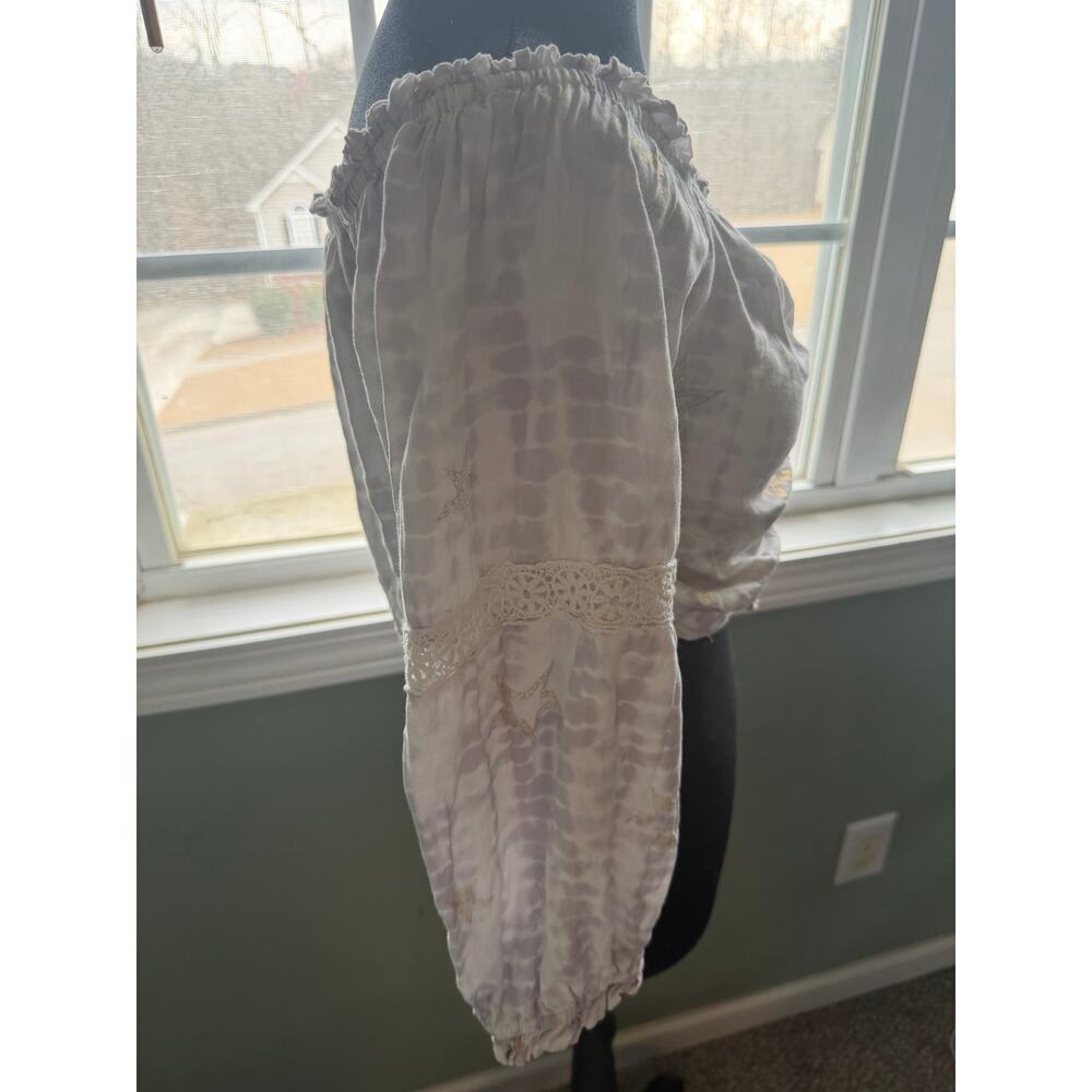 Boho Tie-Dye Gypsy Blouse Size M Gold Star Print Crochet - Picture 4 of 6